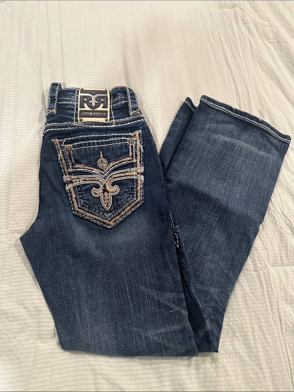 Rock Revival men’s Dark Blue Boot Cut Jeans with Embroidered Back Pockets